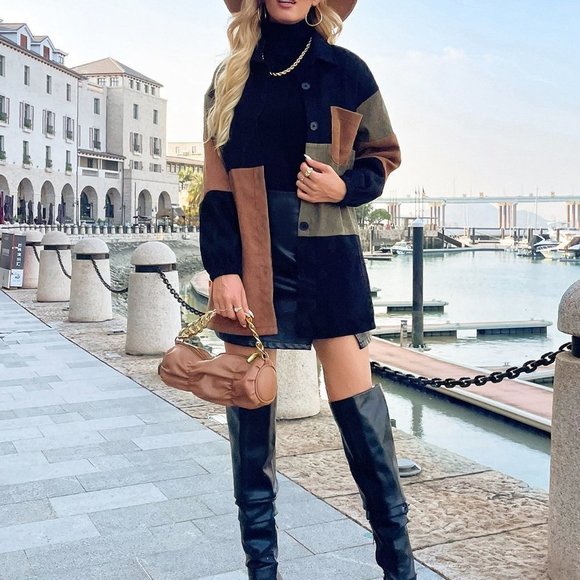 . Jackets & Blazers - Multicolor Casual Womens Cut And Sew Drop Shoulder Corduroy Coat